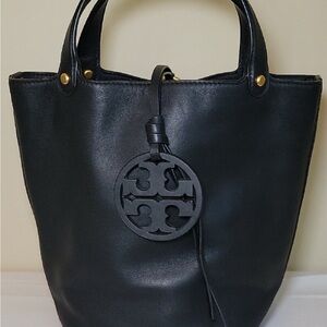 Tory Burch Black Leather Tote with Logo Charm
